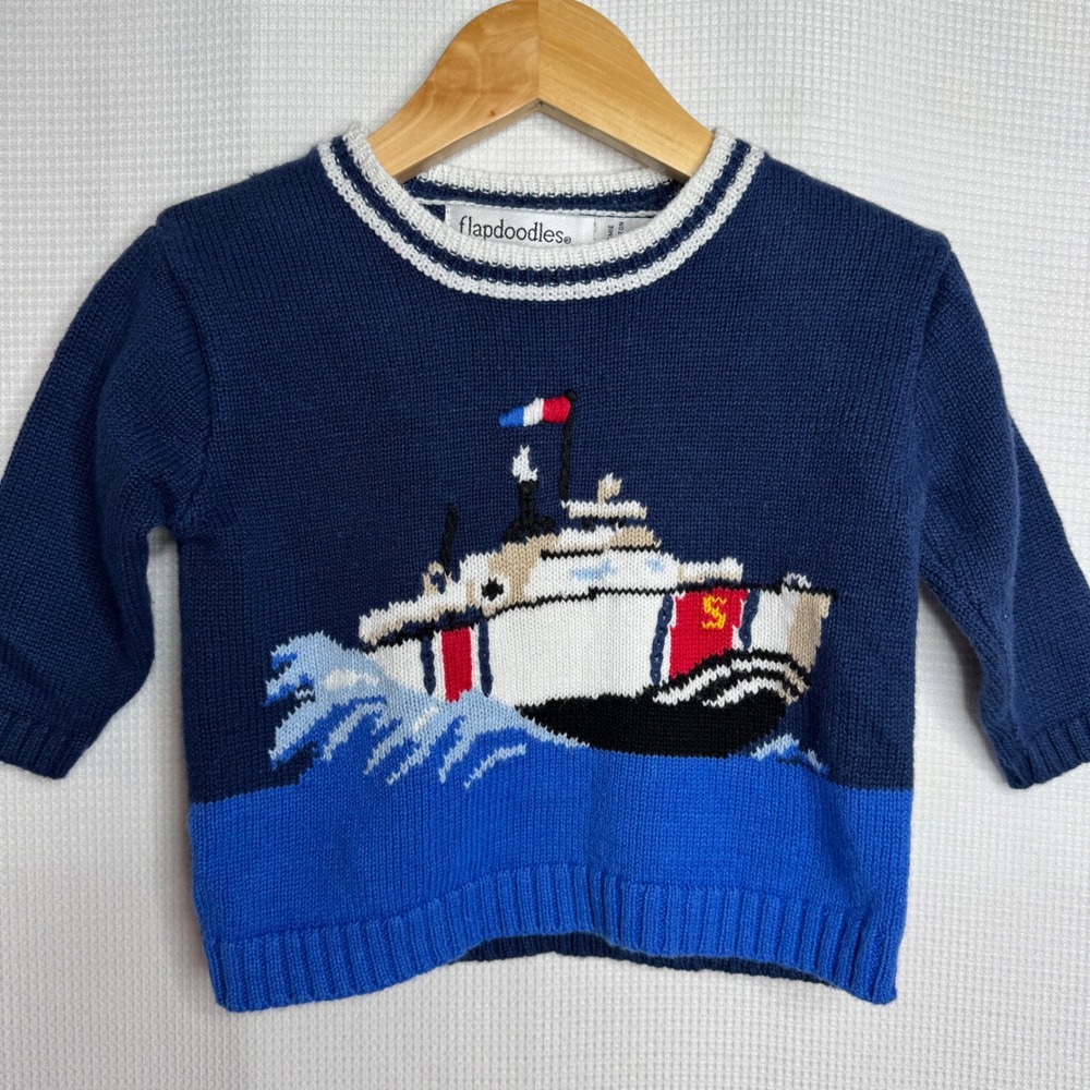 Vintage Flapdoodles Studio Baby Nautical Boat Knit Sweater NavyBlue 12M Coastal